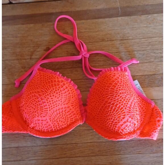 Hollister Bikini Top Fluorescent Orange Women's Small Lace Overlay Halter Tie - Picture 3 of 9